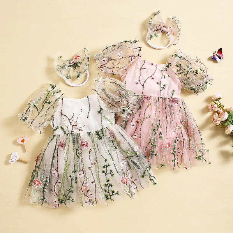 

Newborn Girl Outfit Puff Sleeve Embroidery Flower A-line Romper Dress with Bow Headband Clothes