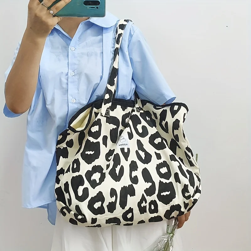 Fashionable Girls Black Rose Leopard Pattern Large Capacity Tote Bag Canvas Shoulder Bag Handbag for Women