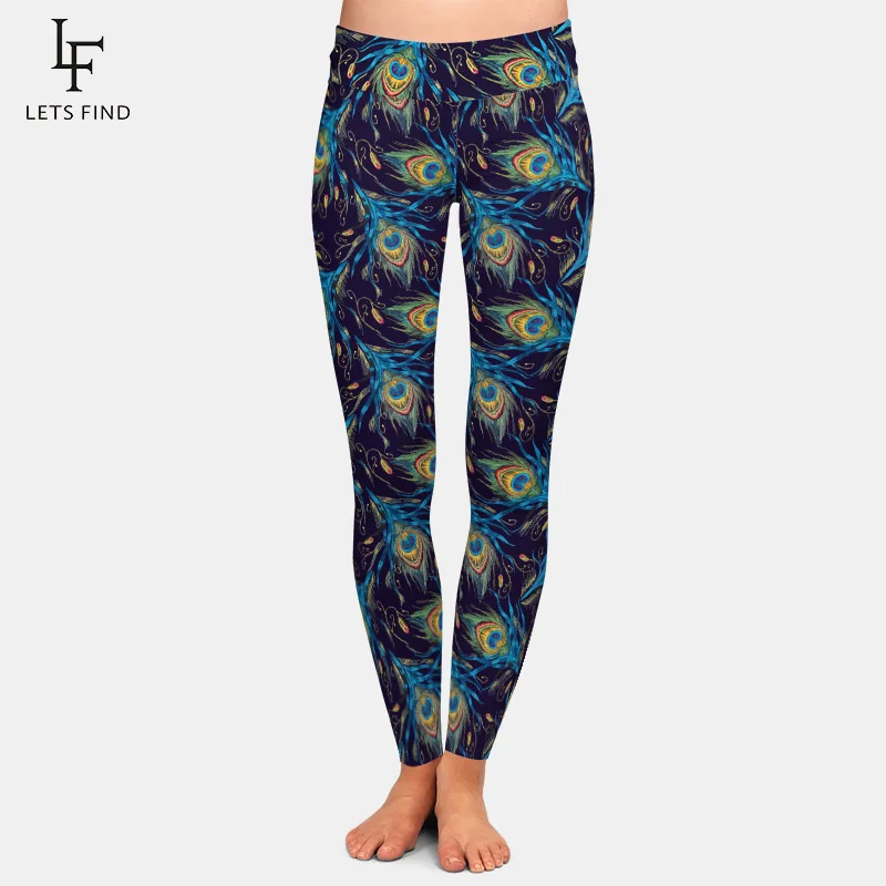 Leggings elásticos con estampado 3D de plumas de pavo real para mujer, Leggings de cintura alta de seda de leche para Fitness, novedad