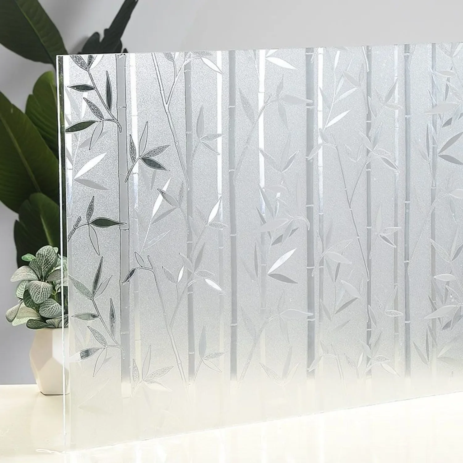 Embossed Bamboo Window Film, Non Glue Frosted Privacy Glass Sticker, Soft Light Filter Reusable Removable Window Tint for Home