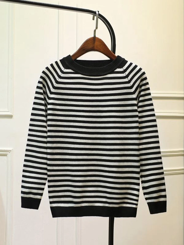 gkfnmt Stripe Long Sleeve Black Knitted Tshirt Women Tops Autumn O-neck Pullover Casual Spring White T Shirt