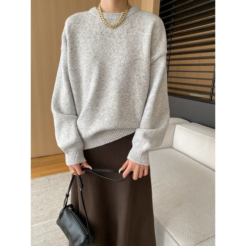 

Women Soft Colorful Yarn Knitted Sweater Round Neck Pullover Long Sleeve Loose Casual Wild Grey Khaki French Chic Autumn Sweater