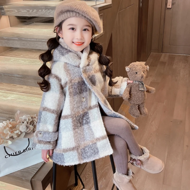 

Girls Woolen Coat Overcoat Jacket Windbreak 2023 Buttons Warm Plus Thicken Winter Cotton School Gift Children's Clothing