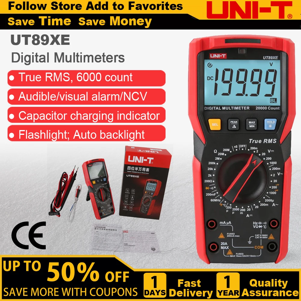 UNI-T UT89XE Digital Multimeter Professional Tester True RMS Manual Range DC AC Voltmeter Ammeter Capacitor Temperature Meter