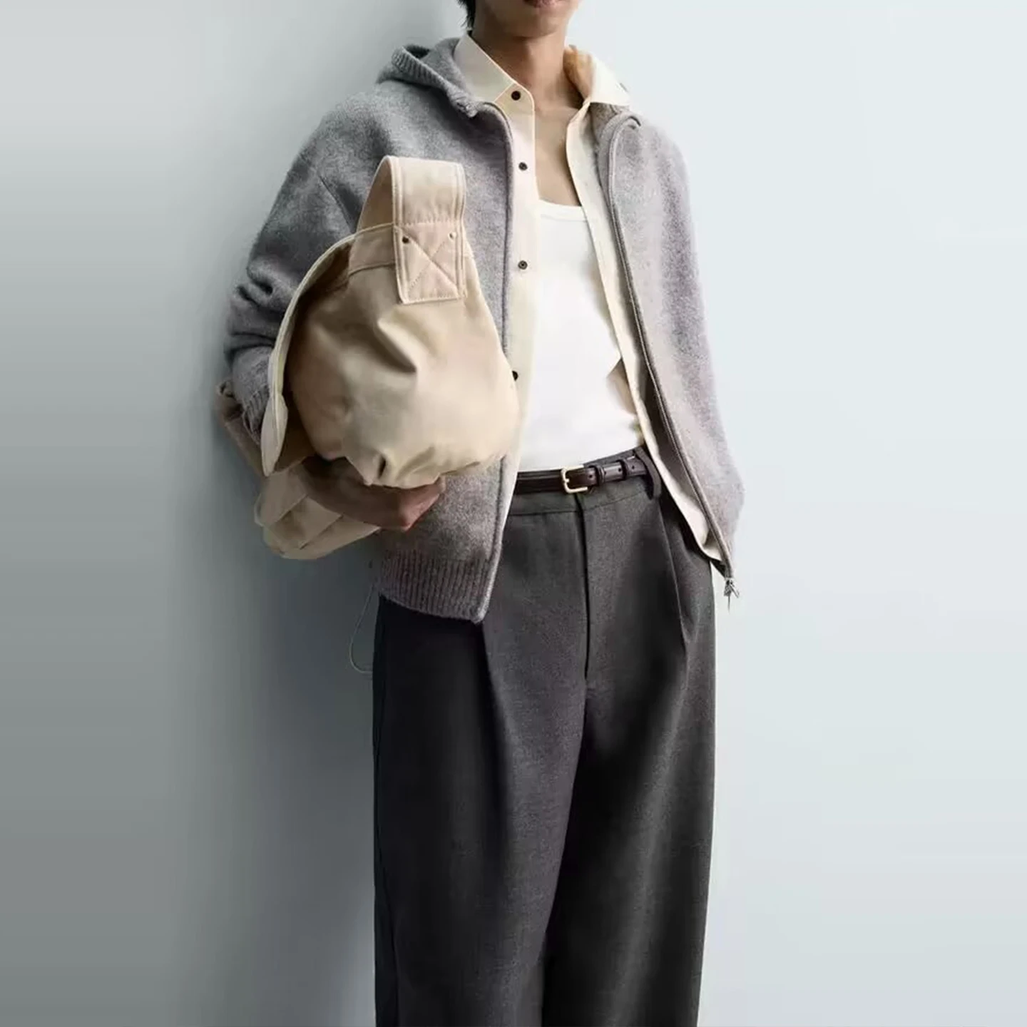 جديد خريف 2025 معطف رجالي فايون شخصي فضفاض بياقة واقفة وسحاب محبوك Jaet معطف طويل غير رسمي #2