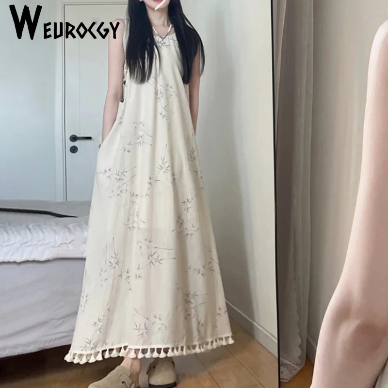 Women Dress 2024 Summer Comfortable New Style Casual Loose French Style Floral Print Sleeveless Strap Sling Long Dresses