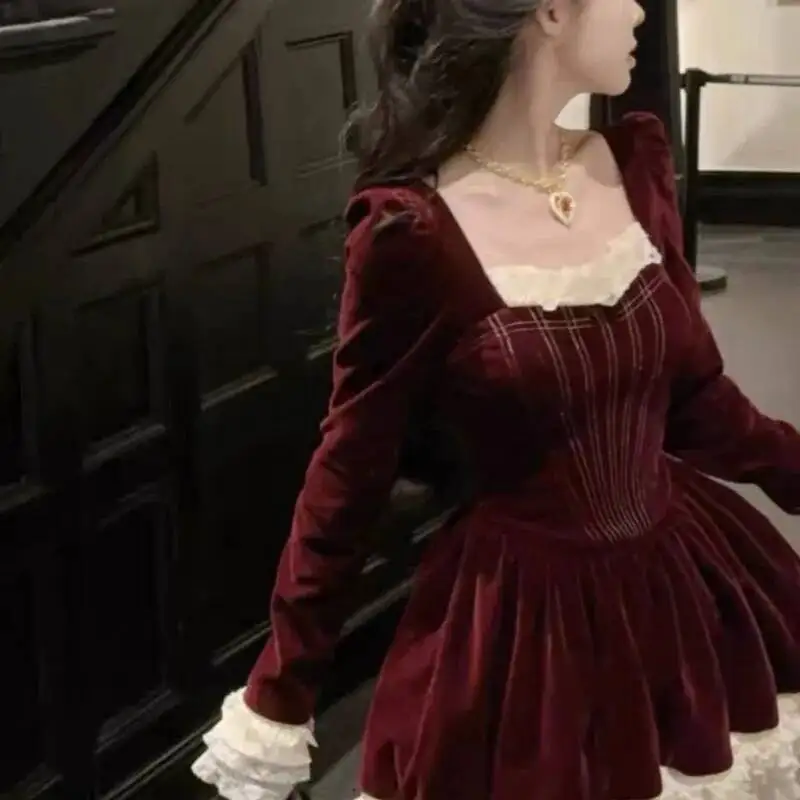 

Винтажная милая мини-женская кружевная лоскутная однотонная тонкая юбка с квадратным воротником и высокой талией в винтажном стиле для женщин