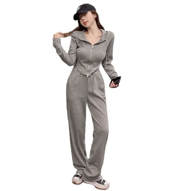 طقم نسائي رياضي كاجوال بأكمام طويلة وخصر عالي وبنطال ذو قصة أرجل واسعة مكون من قطعتين بدلة ربيع الخريف بنمط جديد بقلنسوة غير منتظمة