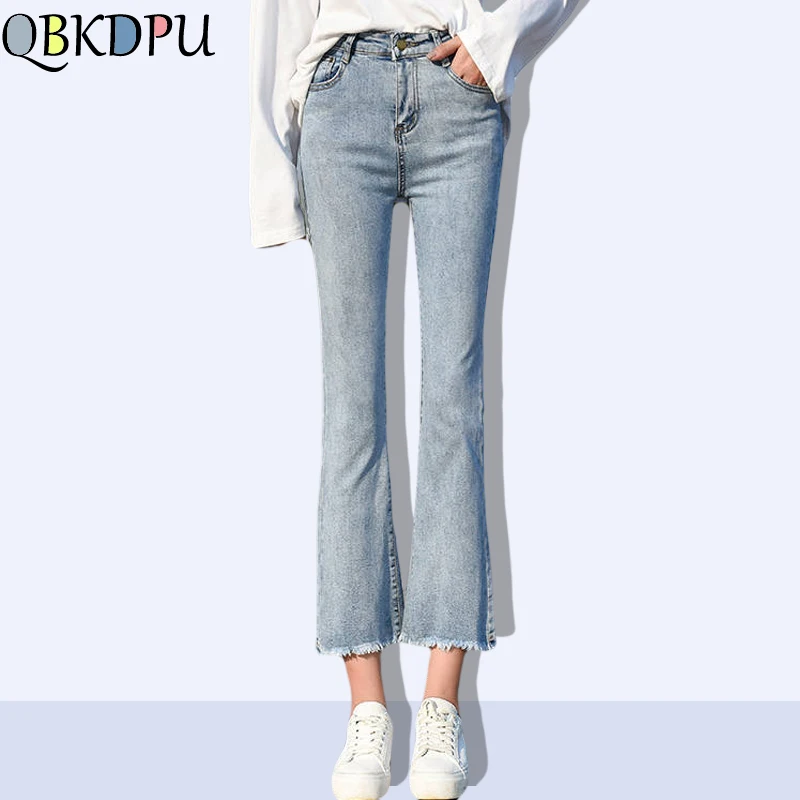 Korean Summer High Waist Slim Flare Jeans Women Casual Elegant Ankle Length Denim Pants Sweet Vaqueros Stretch Jeansy Pantalones