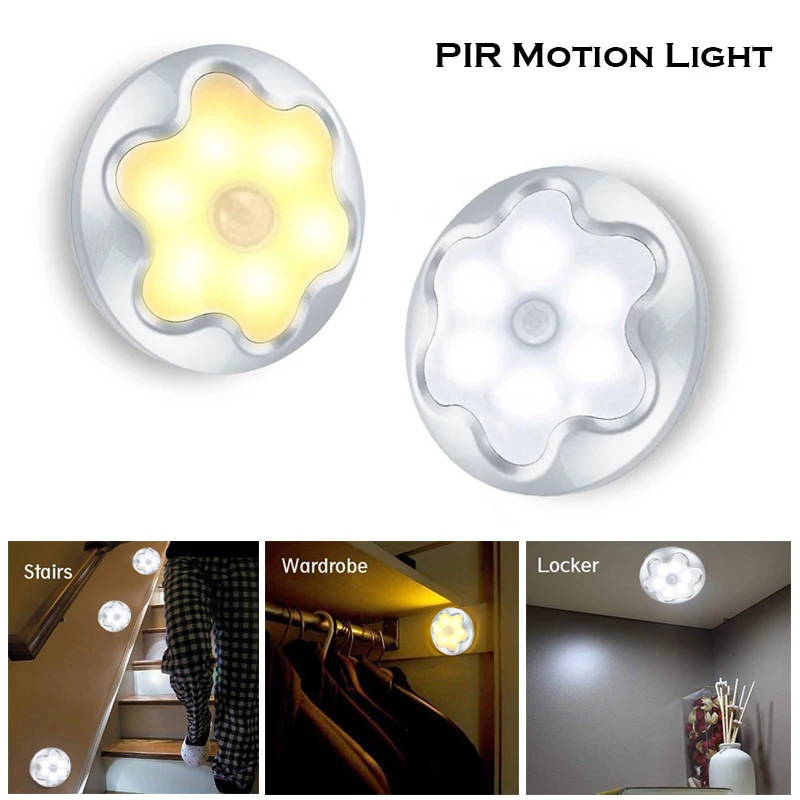 

2021 Battery Powered 6 LED PIR Motion Sensor Night Lights Induction Under Cabinet Light Closet Lamp for Bedroom Stairs Kitchen