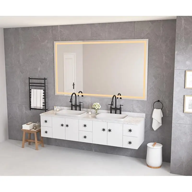 مرآة حمام LED قابلة للتعتيم مقاس 84 × 48 مع إضاءة أمامية وخلفية، مضادة للضباب، وظيفة الذاكرة، 3 خيارات ألوان، زينة جدارية كبيرة #3