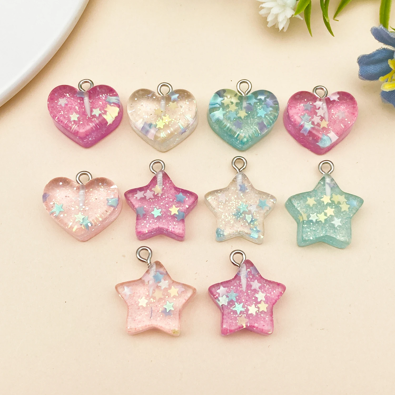 10pcs/Pack Translucent Resin Hearts Pentagram Earring Charms for Earring Bracelet Pendants Jewelry Findings Phone Making ﻿
