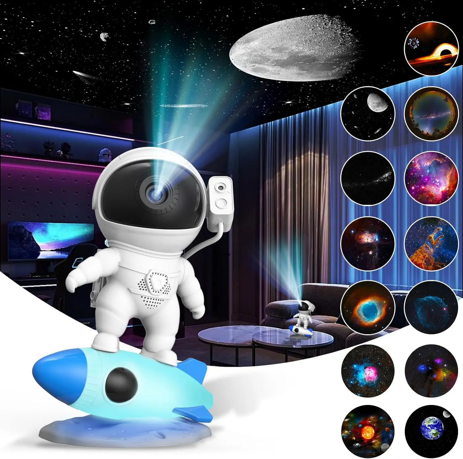 

13 in 1 Rocket Astronaut Galaxy Projector Night Light LED Lamp Satrry Sky Projector 360° Rotate Planetarium For Kids Bedroom