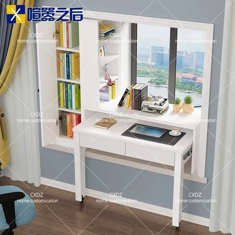 Modern Simple Bedroom Bay Window Desk with Drawers Retractable Pull-out Computer Desk Bookcase Writing Table 8L28-1