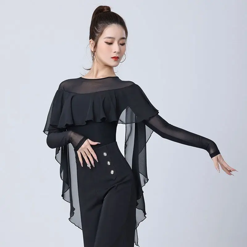 Long Sleeve T-Shirt Women's Modern Dance Mesh Splice Social Dance Waltz Dance Practice One-Piece Suit Polyester Fiber 100%