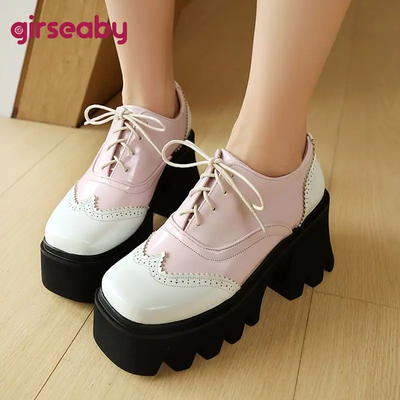 

Shiny Women Pumps Square Toe Thick Heels 8cm Platform 4cm Lace Up Mixed Color Plus Size 41 42 43 Leisure Daily Shoes