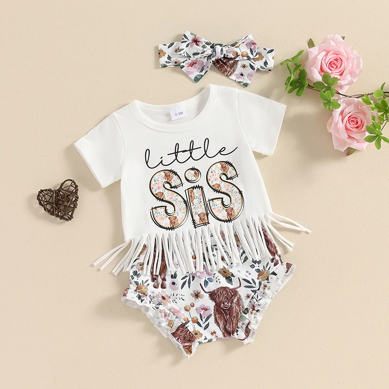 2024-03-12 Lioraitiin Sister Matching Outfit Short Sleeve BIG SIS T-Shirt Tops LIL SIS Rompers Baby Girls Shorts Clothes Set