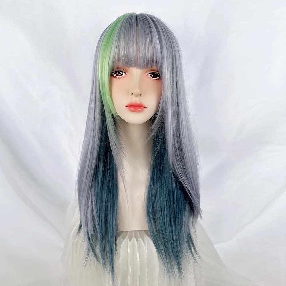 VICWIG Long Straight Women Ombre Blue Highlights Green Wig with Bangs Lolita Cosplay Fluffy Women Hair Wig for Daily Party