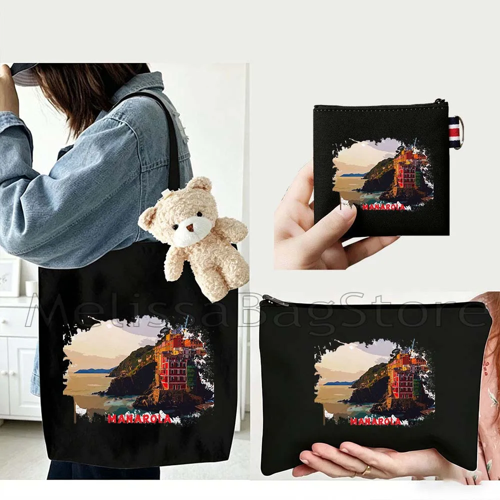 

4PCS Cute Gifts Manarola Italy White Canvas Tote Bag Handbag with Doll Key Coin Purse Cosmetic Makeup Toilet Bag Case Pouch