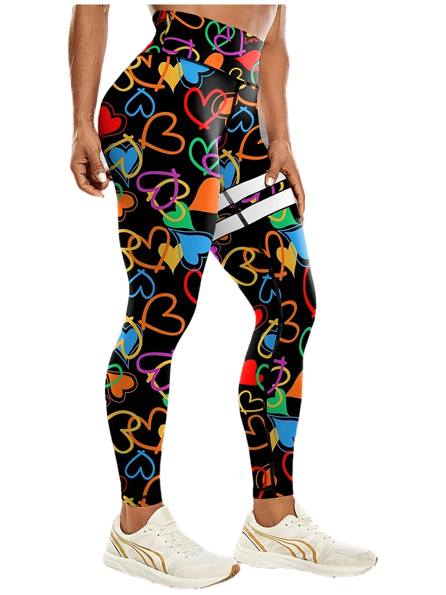 Women Mid Waist Fleece Lined Leggings Colorful Doodle Heart Print Slim Fit Thermal Winter Pants