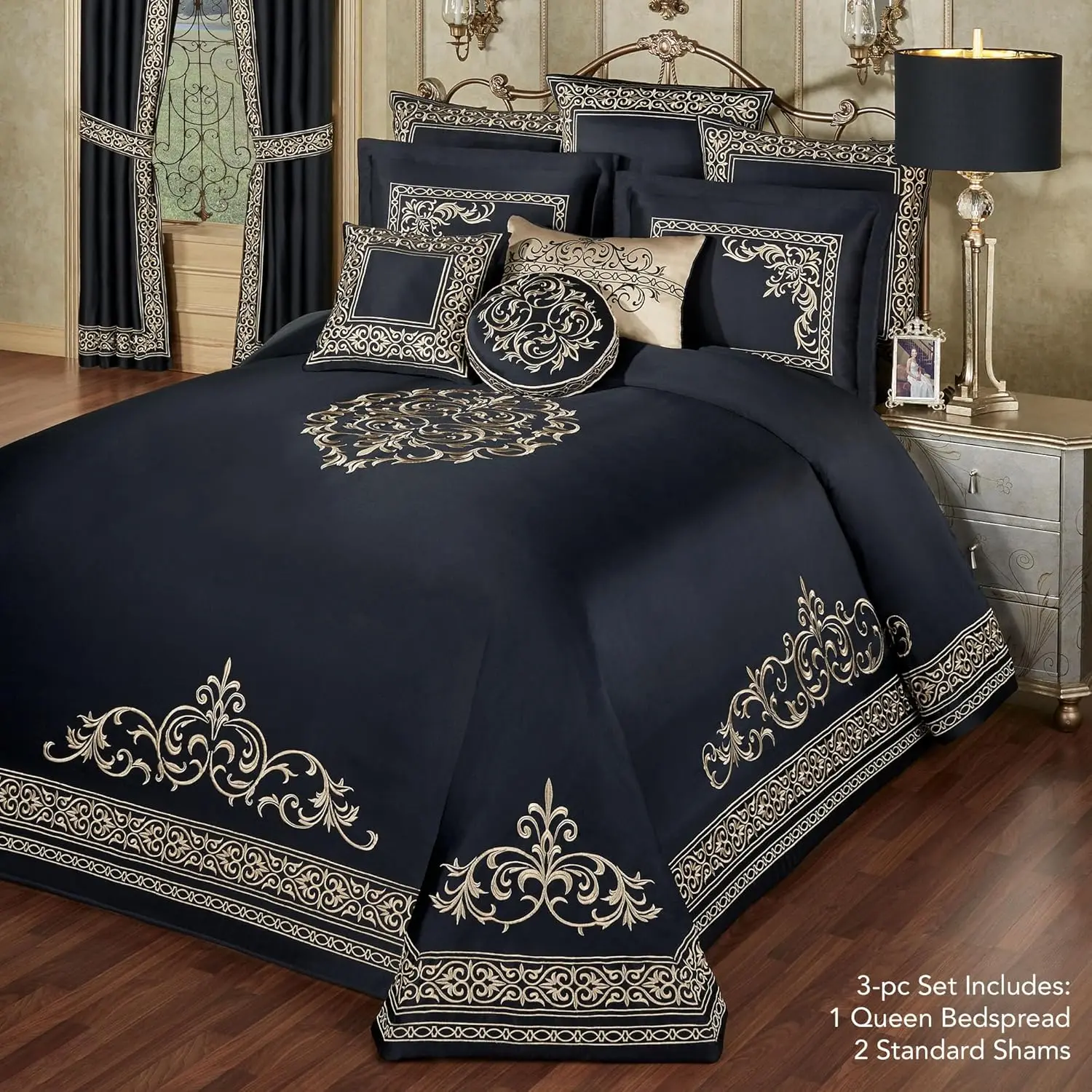 Touch Of Class Kensington Luxury Bedding | Classic Black | Palace-Inspired Golden Scrollwork Embroidery On Sateen | Designed 3