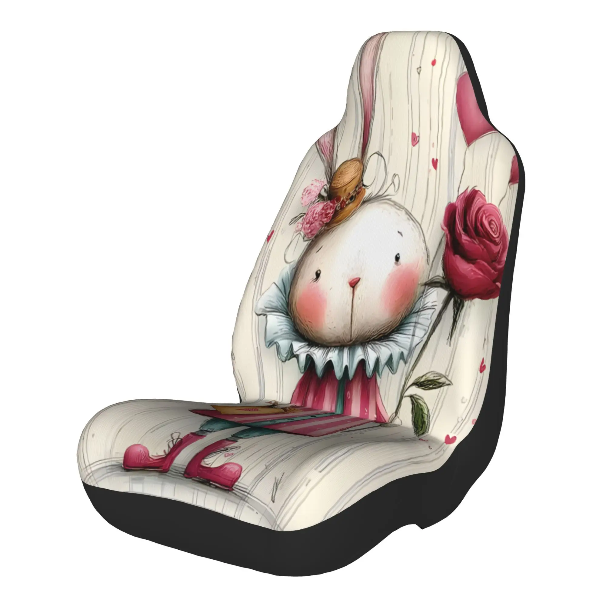 Set Of 2 Adorable Valentine'S Bunnies With A Rose, Gift Bag, And Floating Heart Decoration On A Striped Backdrop. These Car Seat