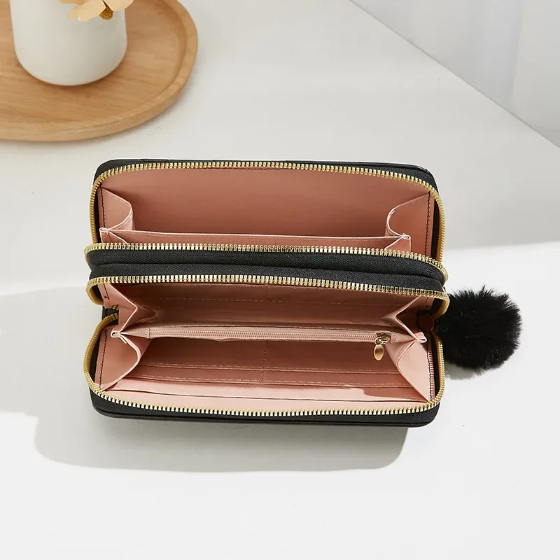 New Fashion Solid Color PU Wallet Girls Zipper Print Clutch Bag Temperament Simple Sewing Line Coin Purse