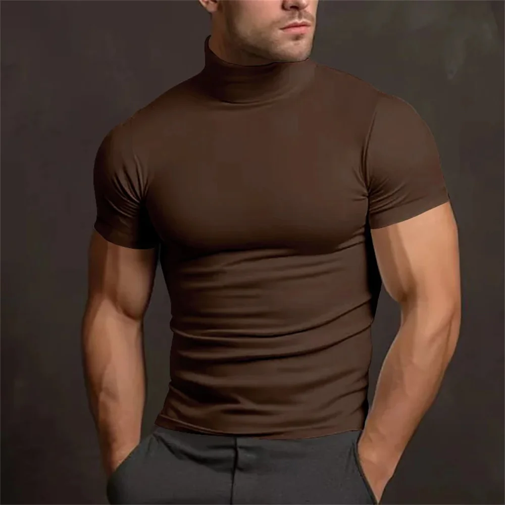 Cross-border Amazon 2024 summer solid color short-sleeved fashion bottoming shirt men's tight turtleneck T-shirt image 5