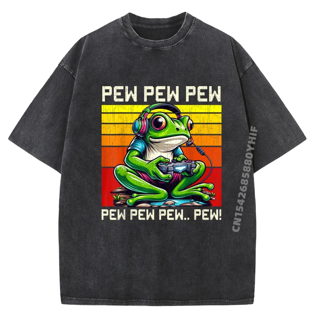 

Frog Gamer Pew Funny Video Games Vintage Boys Men Girls Graphic Tee Cotton Funny T Shirts Korean Fashion Retro Washed Shirt