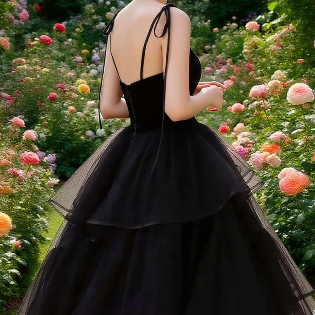 فساتين سهرة الأميرة الأسود تول ثوب زفاف أنيق السباغيتي الأشرطة طول الأرض الطبقات تول فستان الحفلة الراقصة حسب الطلب