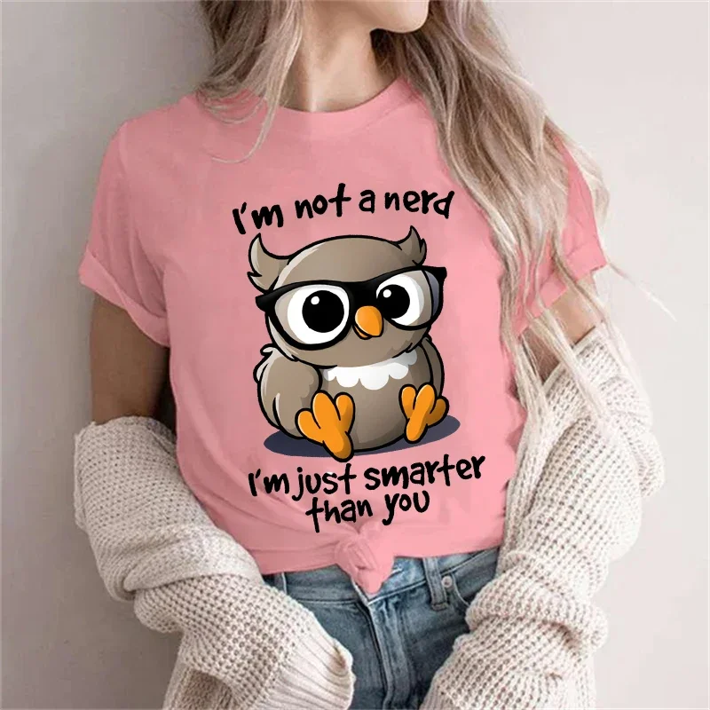 Kawaii Owl Print T Shirts for Women Clothes I\'m Not A Nerd I\'m Just Smarfer Than You Funny T-shirts Graphic Female Y2K Tops Tees