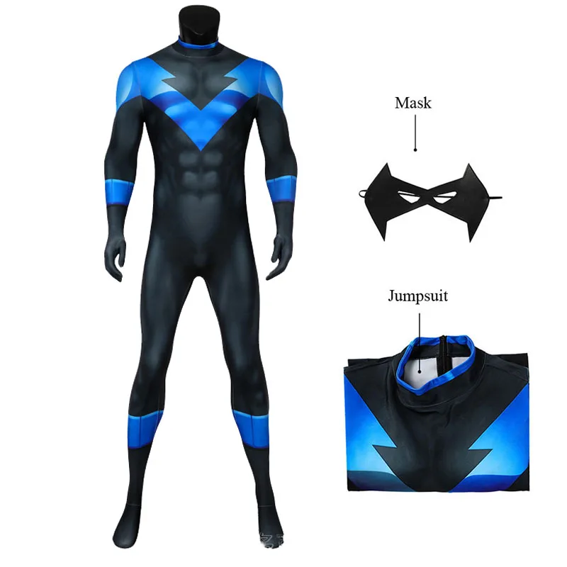 Superhero Nightwing Cosplay Jumpsuit and Mask Robin Dick Grayson Costume Set Bodysuits Halloween Party Roleplay Zentai Suit