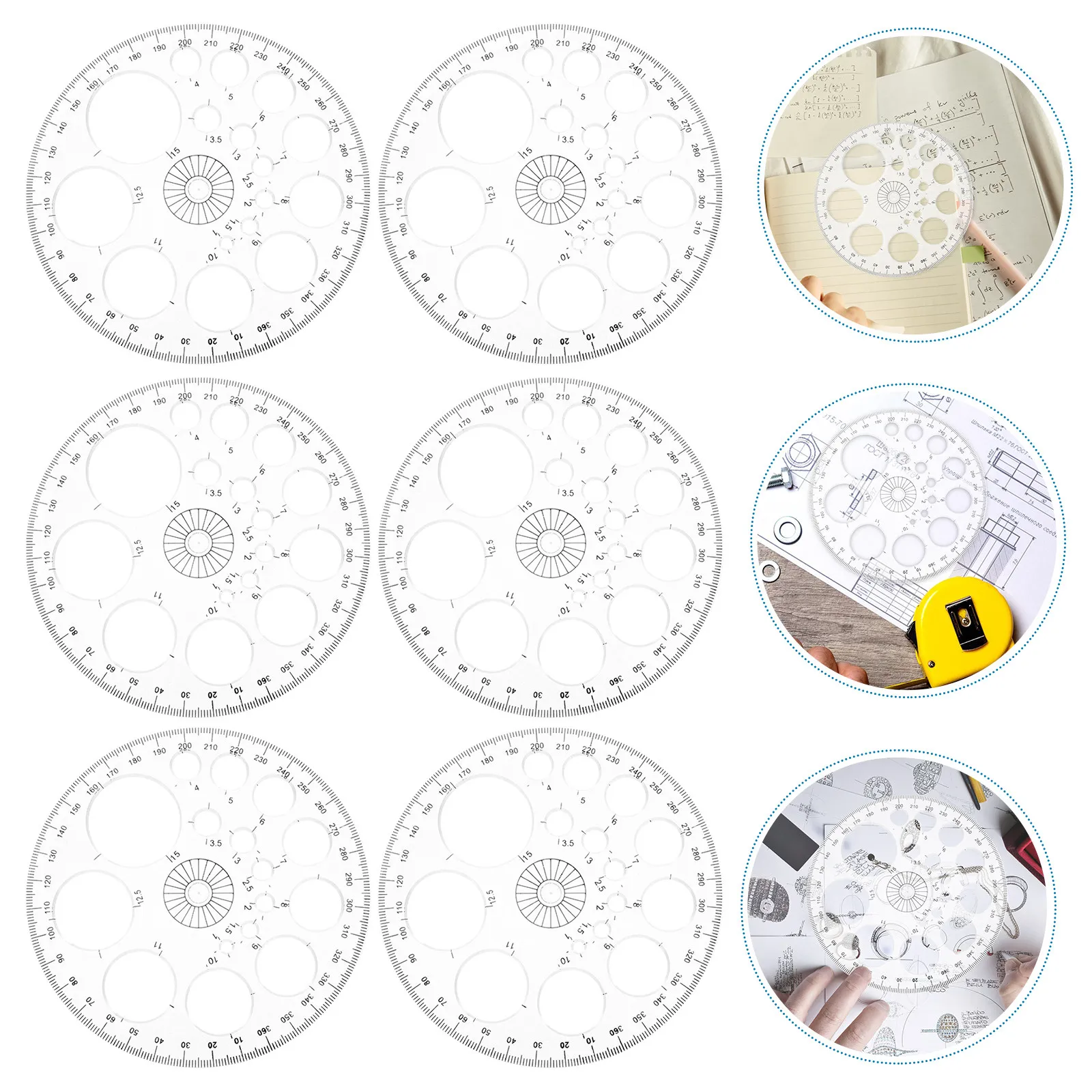 6Pcs Multi-Function 360 Degree Circle Protractor Plastic Drafting Ruler for Math Geometry Office Measuring Engineering Drawing