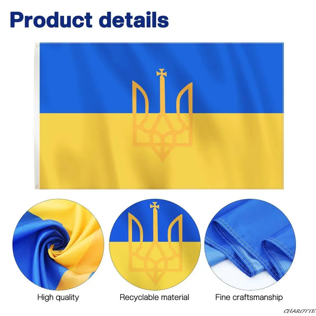 Ukraine Ukrainian People's Republic Flag With Coat of Arms 100D Polyester Custom Brass Grommets National Printed Flags