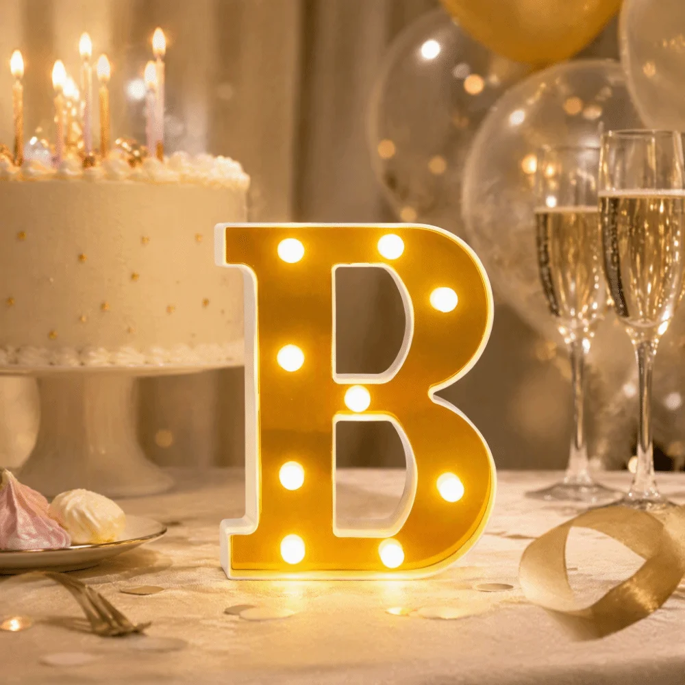 Letter B Shaped Alphabet Letter Lamp 9 LED Warm White Light Letter Light Mirror Finish Face Gold Color LED Light Birthday Party