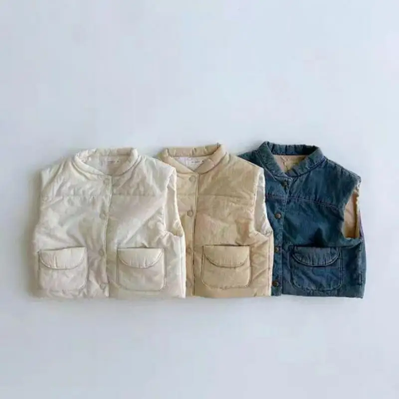 2025 Autumn New Baby Sleeveless Warm Vest Solid Infant Boys Casual Coat Girls Cotton Padded Jacket Toddler Vest Cardigan