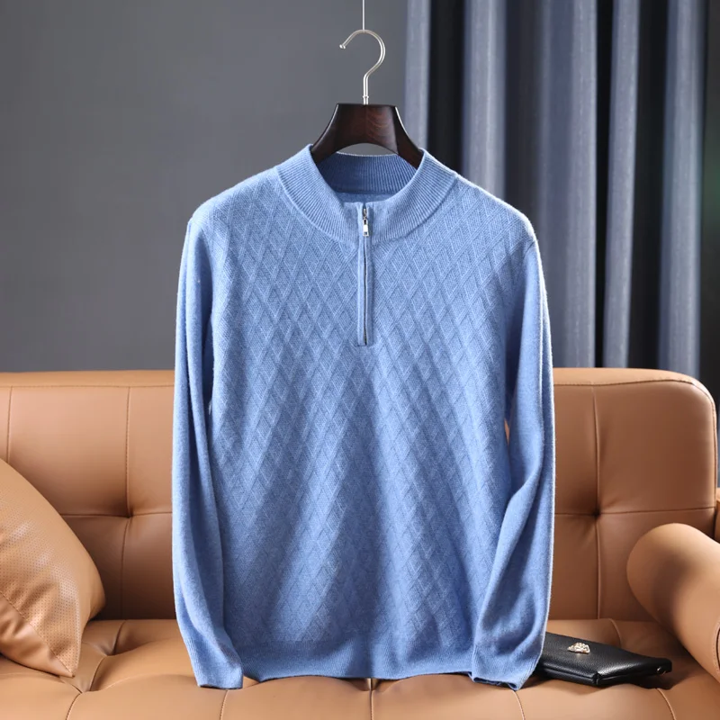 2022 Musim Gugur dan Musim Dingin Sweter Setengah Ritsleting Leher Bulat Pria Tebal 100% Wol High-End Bisnis Rajutan Pullover Atasan Hangat Kasual