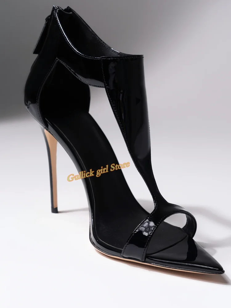 Black Patent Leather T Strap Sandals Stiletto Thin High Heel Sexy Pointed Toe Fashion 2024 Summer Women Dress Shoes Back Zipper