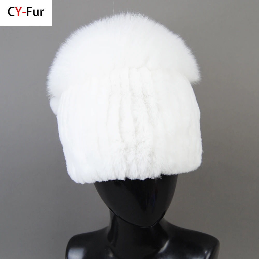 

New Arrival Ladies Genuine Fur Hats Winter Women Knitted Real Rex Rabbit Fur Hat Good Elastic Natural Fluffy Silver Fox Fur Caps