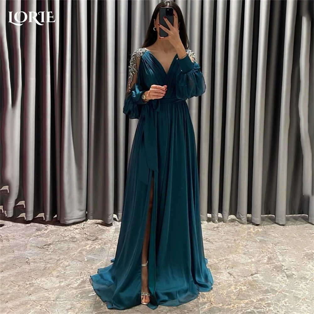 

LORIE Solid Arabia Formal Prom Dresses A-Line Beaded Lantern Sleeves V-Neck EveninG Dress Side Slit Dubai Bride 2023 Party Gowns