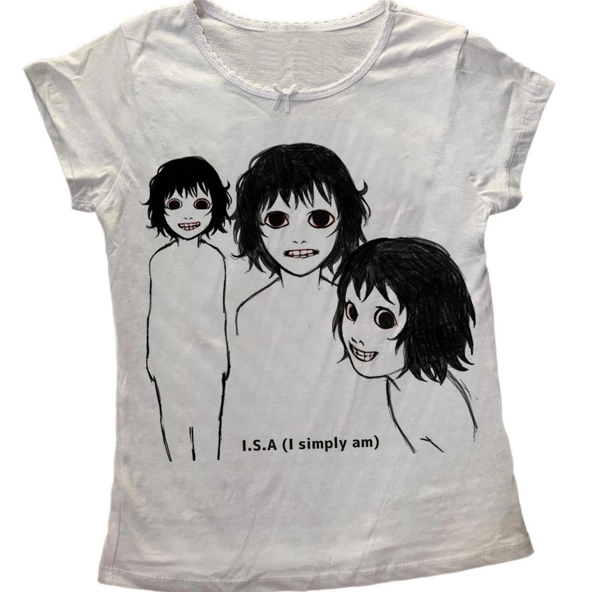 Weirdcore Women Long Sleeve Tee, Creepy Hand Drawn Character Graphic Slim Top, Y2K Grunge Dark Harajuku Streetwear