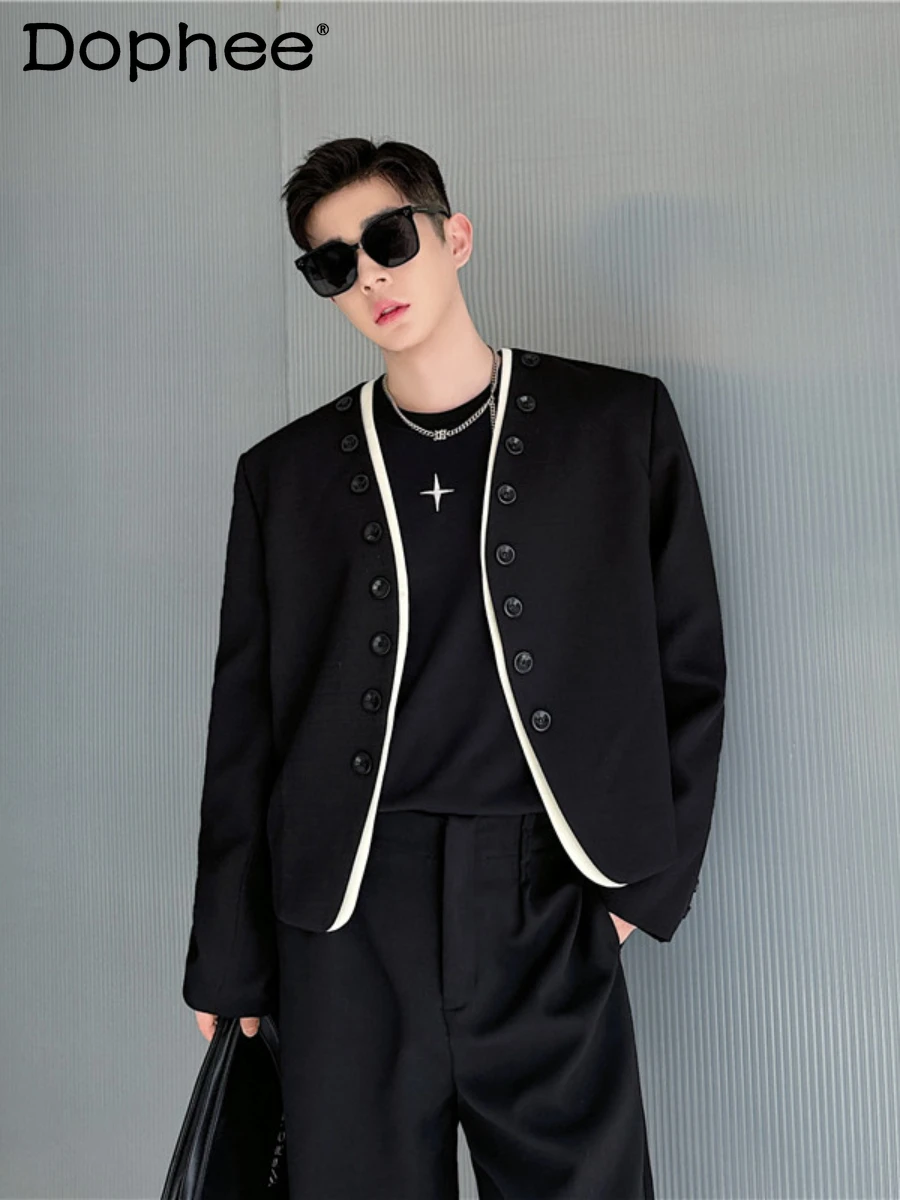 

Fashion Spring 2024 Collarless Contrast Color Blazers Jacket Men's Long Sleeve Suit Jacket Trendy Male Handsome Men's Clothes