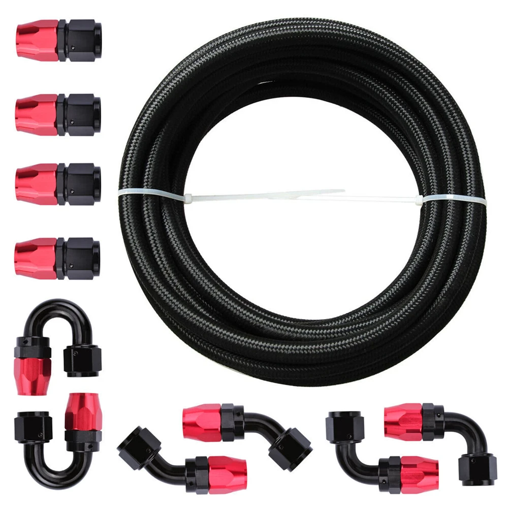 

​16FT 6AN Fuel Line Kit Nylon Braided Fuel Line Hose Fitting Kit CPE Black Red