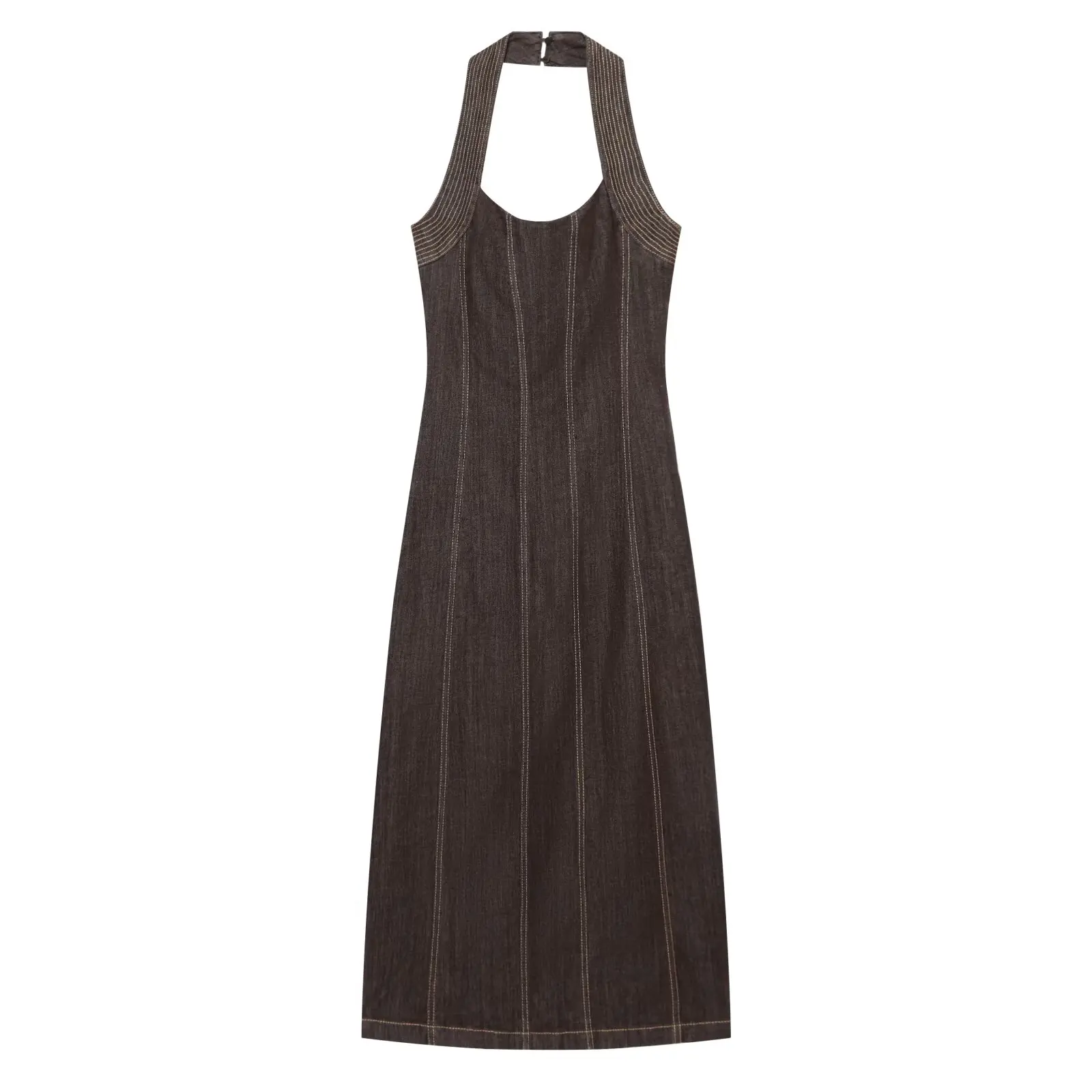 Damen Sexy Rückenfreies Neckholder-Kleid, Modisches Ärmelloses Einfarbiges Kleid, Elegantes Schlankes Sommerkleid in Braun – Detail 4