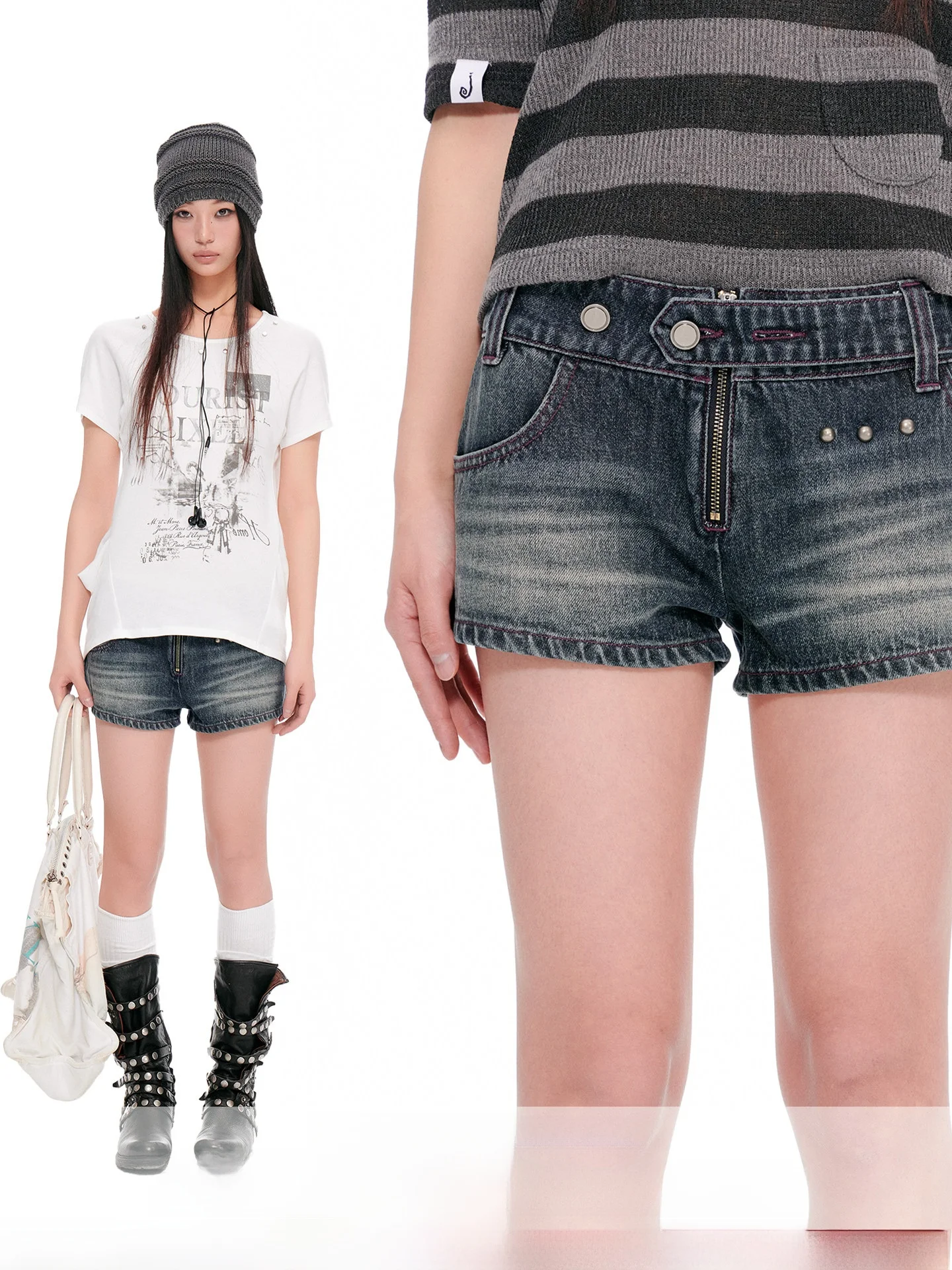 

JIKOO Retro Rivet Decor Low Waist Denim Shorts Women Summer Spicy Color Block Slimming Versatile Cotton Casual Tight Fit