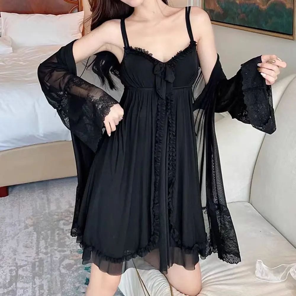 

Lace Bowknot Women Pajama Dress Nightgown Ruffle Homewear Suspender Nightdress Set Sleepwear Sleeveless