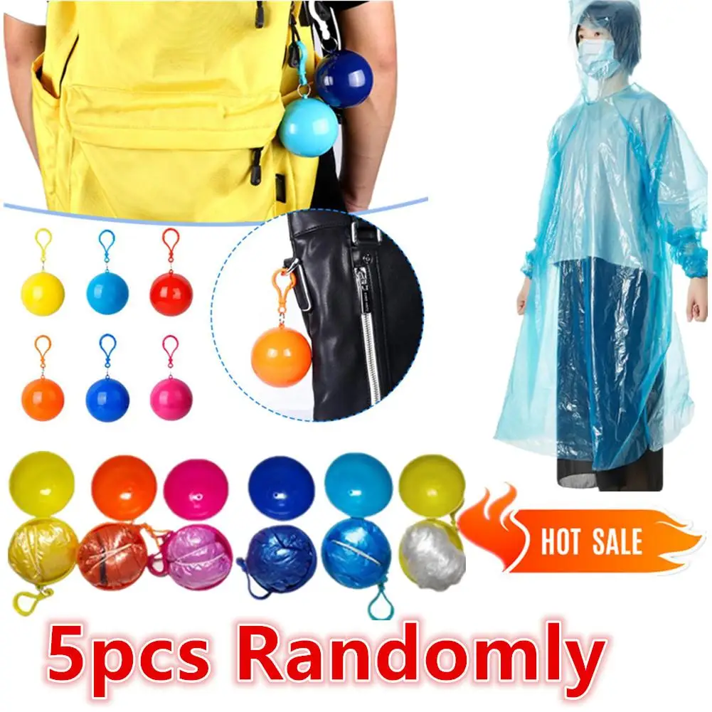 

5pc Portable Raincoats Keychain Disposable Poncho Unisex Compression Hangable Pocket Ball With Hook String Outdoor Poncho