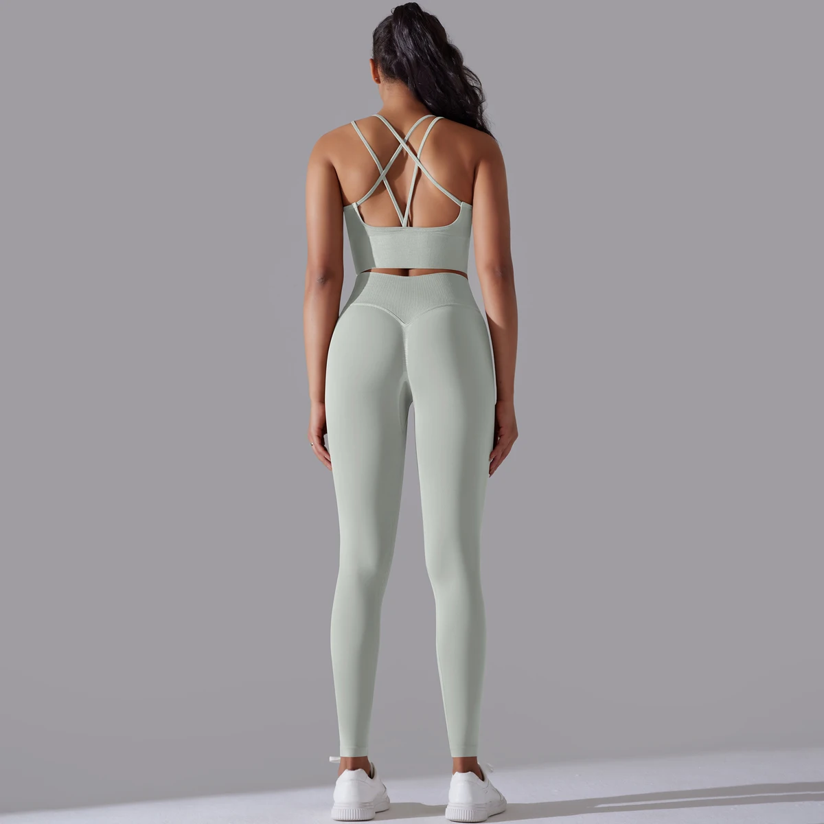 Gebürstetes Yoga-Set für Damen, 2-teilig, Workout, Sportbekleidung, überkreuzter Rücken, Sport-BH, hohe Taille, Leggings, Fitnessstudio, Kleidung, Sportanzüge – Detail 35