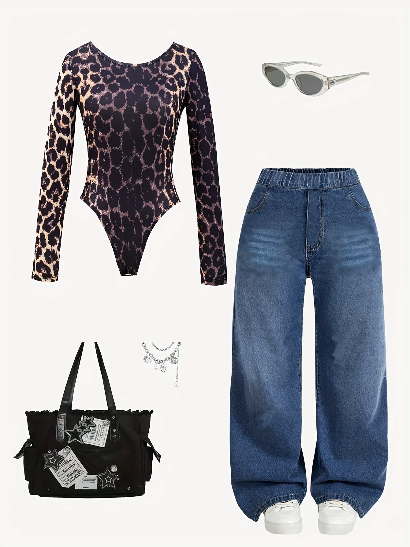 Kids Girls 2 Piece Streetwear Outfit Leopard Print Long Sleeve Bodysuit Elastic High Waist Wide Leg Denim Pants For Dance Show D