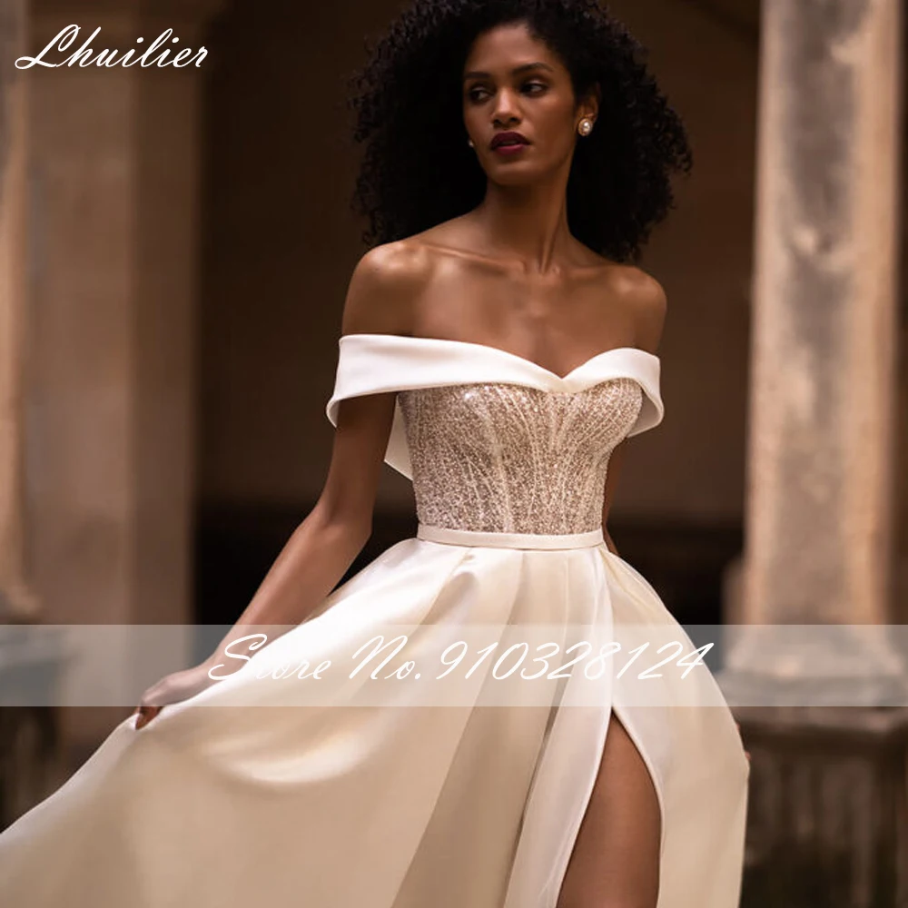 Lhuilier Customized A Line Boat Neck Satin Wedding Dresses Pearls Beaded Bridal Gown with High Slit